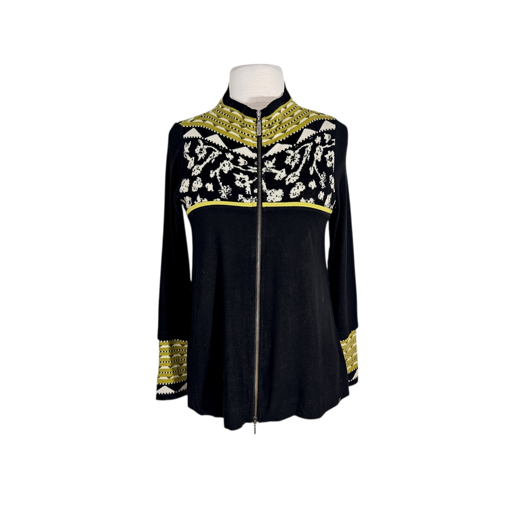 Carla Du Nord Golden Yellow & Black Mixed Media Wool Blend Sweater Zip Up Top